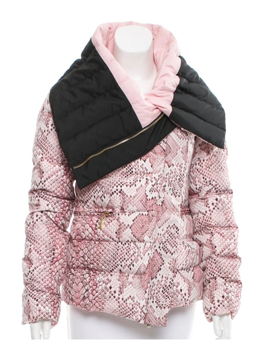 Roberto Cavalli Pink Snake-Print Quilted Puffer with Hood